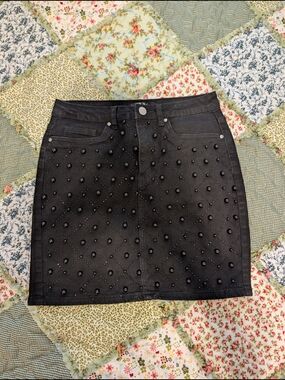 VENUS Black Beaded Quilted Denim Mini Skirt